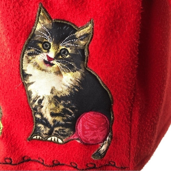 VINTAGE Take Two fleece shirt jacket button front cat applique red M - Picture 2 of 11